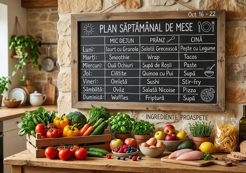Plan săptămânal de mese afișat pe un calendar cu ingrediente proaspete alături